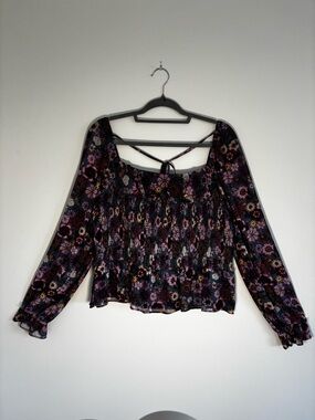 LC Lauren Conrad Black Floral Smocked Long-Sleeve Peasant Top